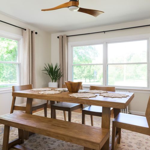 The dining table comfortably seats six - perfect for family meals, takeout from town, or a long game night with friends.
