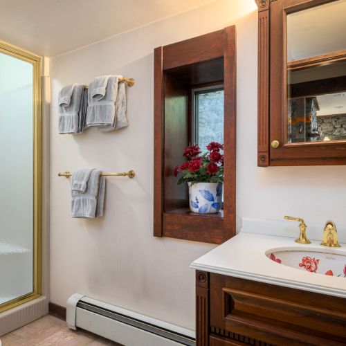 Compact and convenient — this lower-level bathroom features a walk-in shower stall and all the essentials.
