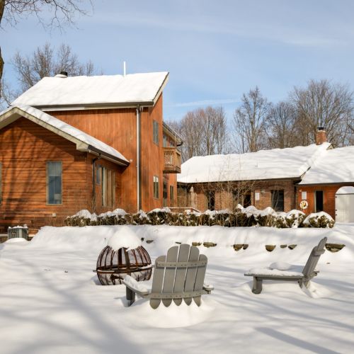 Explore our winter wonderland with firepit and snow angels.