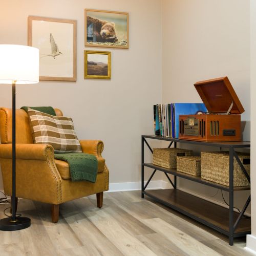 Tucked away for quiet moments, this reading nook with a record player invites you to unwind the old-fashioned way.